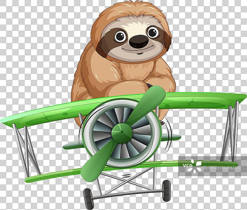 卡通树懒驾驶着一架小型绿色飞机图片素材