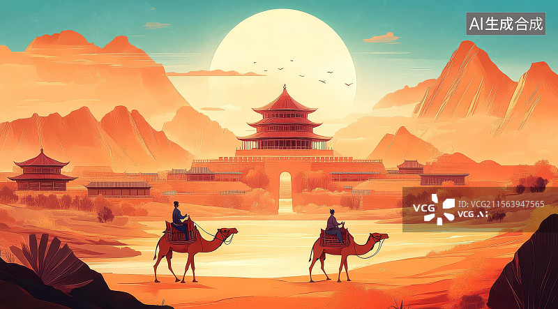 【AI数字艺术】丝绸之路题材国风插画图片素材
