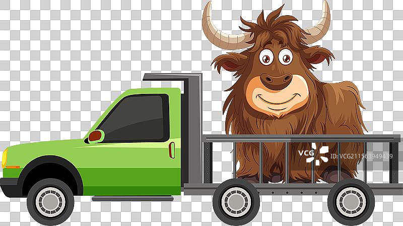 卡通牦牛在平板卡车上骑行图片素材