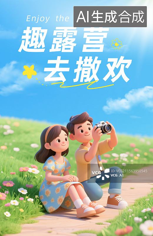 【AI数字艺术】情侣踏春出游度假插画设计海报图片素材