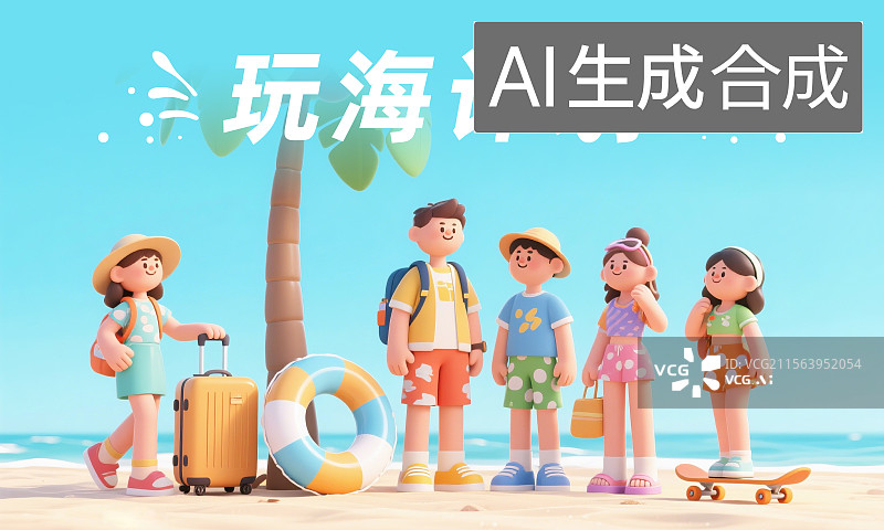 【AI数字艺术】年轻的人们在沙滩海边上快乐的玩耍插画设计海报图片素材