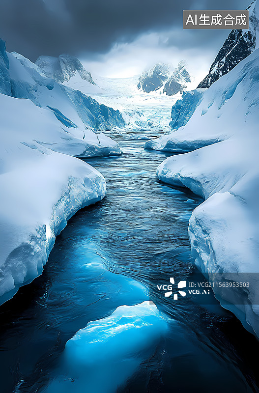 【AI数字艺术】冰雪覆盖下的蓝色河流图片素材
