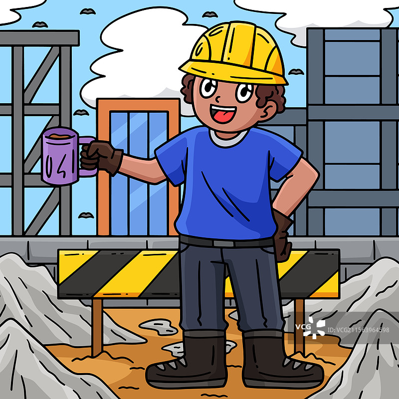 正在休息喝咖啡的建筑工人（彩色）图片素材