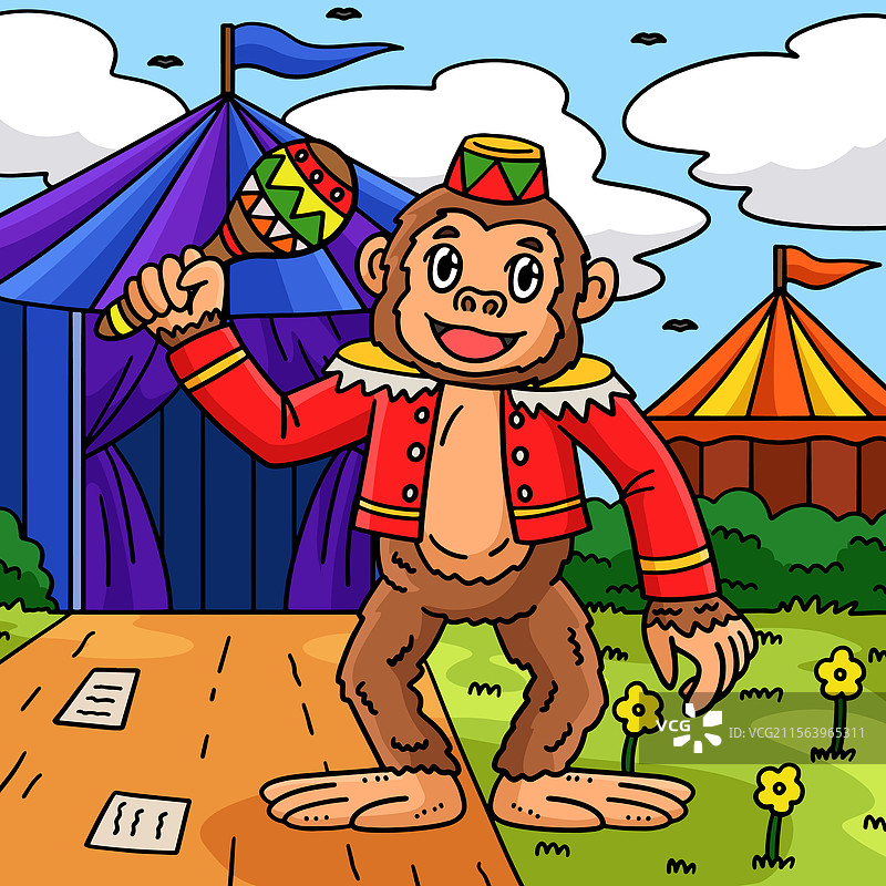 色彩斑斓的卡通马戏团猴子拿着沙锤图片素材
