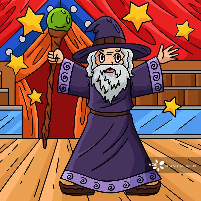 马戏团巫师撒播五彩星星的卡通形象图片素材
