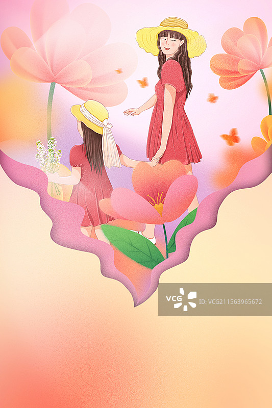 感恩母亲节创意广告插画 穿亲子装的母女  弥散风鲜花和年轻的母女 剪纸粉色背景竖版图片素材