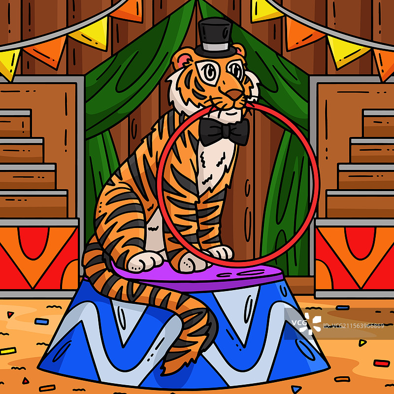 马戏团老虎咬着彩色呼啦圈的卡通图案图片素材