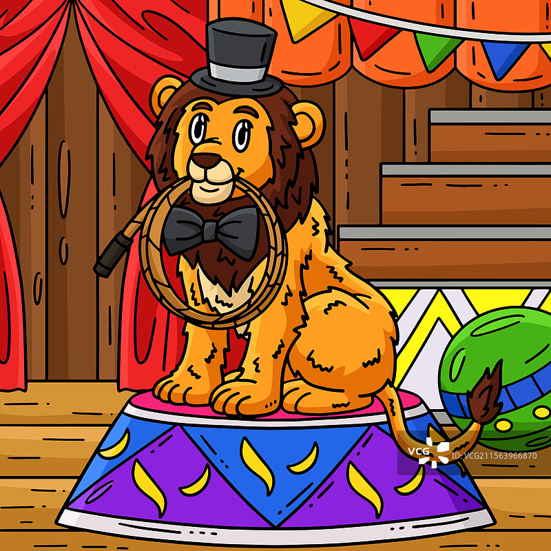 彩色卡通中的马戏团狮子咬着鞭子图片素材