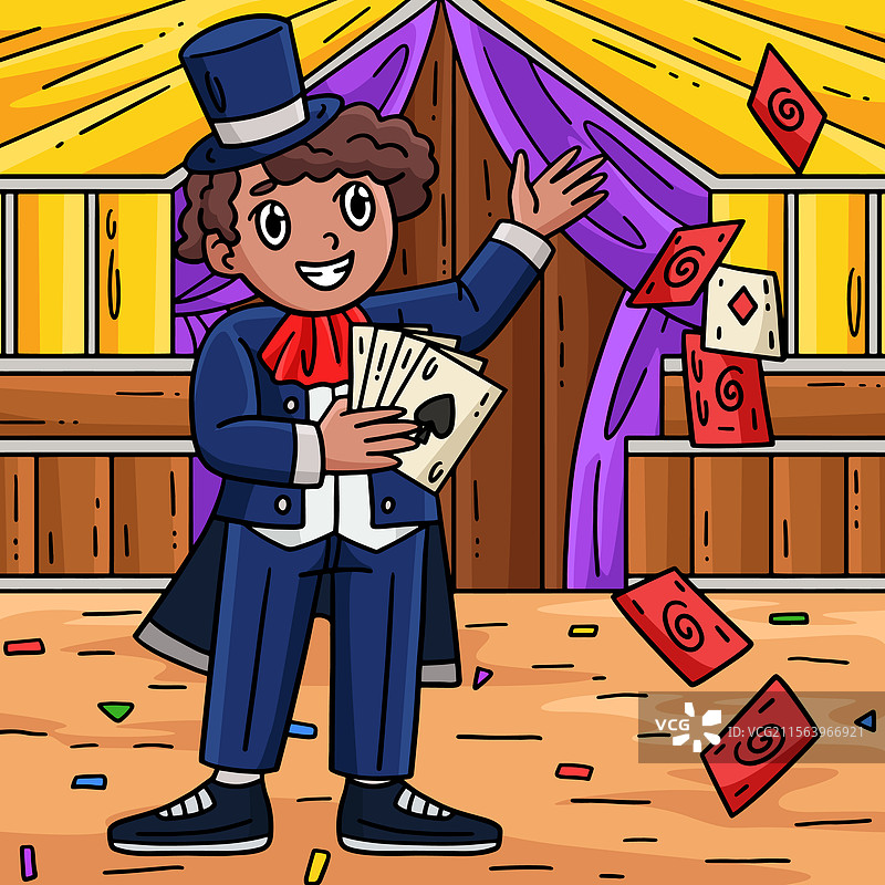 马戏团大师手持扑克牌的彩色卡通图像图片素材
