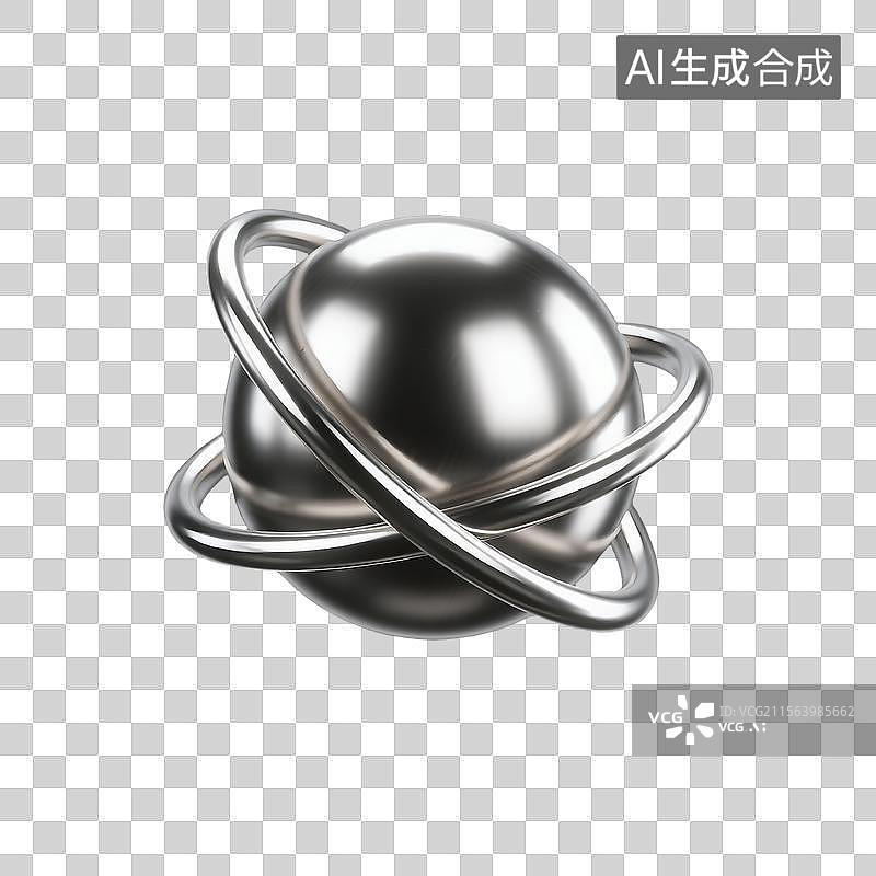 【AI数字艺术】3D渲染带环状金属光泽光滑球体图标图片素材