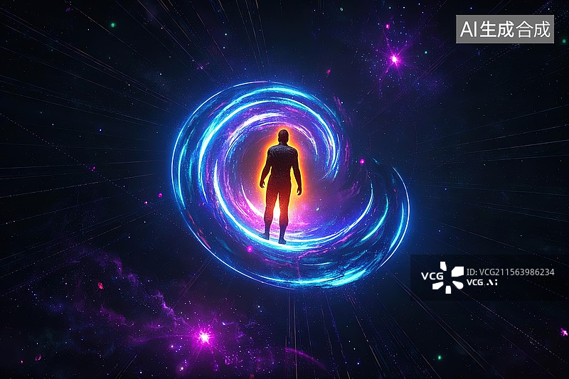 【AI数字艺术】黑暗空间中光粒子环绕的卡通男子人物剪影图图片素材