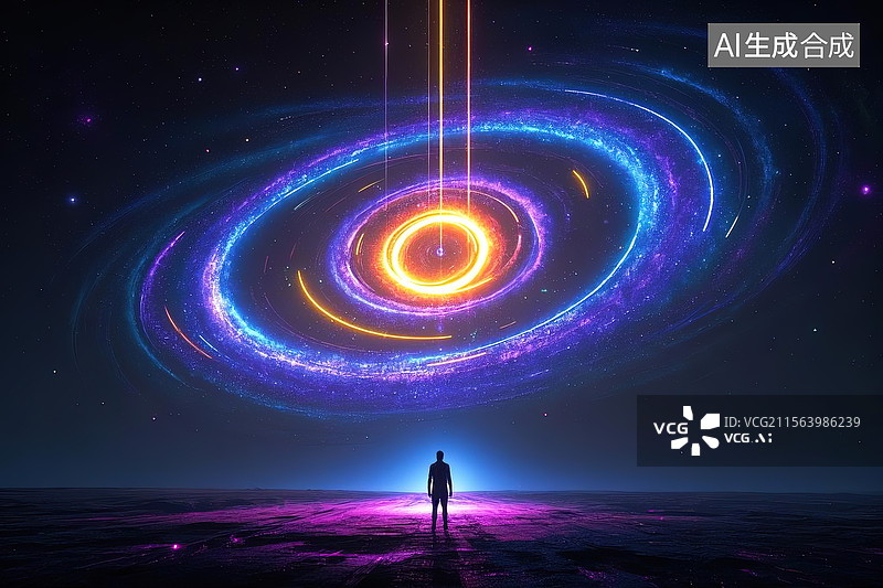 【AI数字艺术】黑暗空间中光粒子环绕的卡通男子人物剪影图图片素材