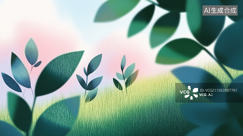 【AI数字艺术】卡通夏季一片草丛郁郁葱葱草地自然风景手绘彩铅风格图片素材