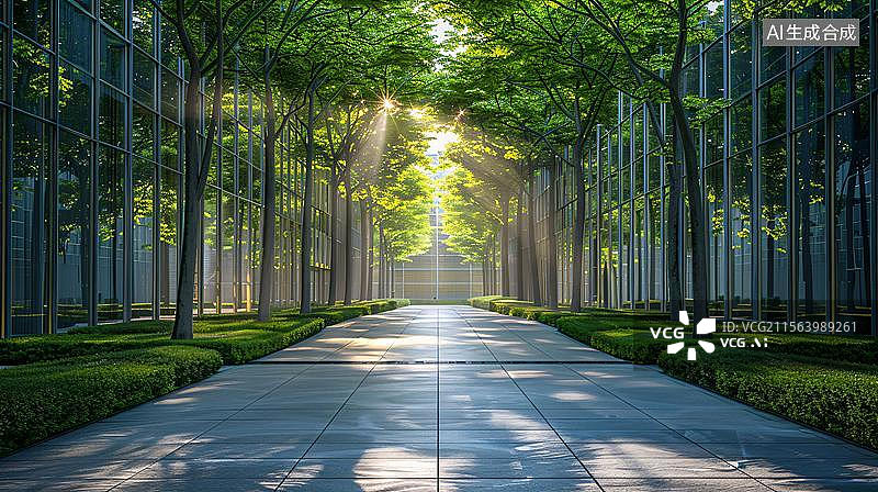 【AI数字艺术】城市森林小道的光影漫步  玻璃幕墙与绿意交织图片素材