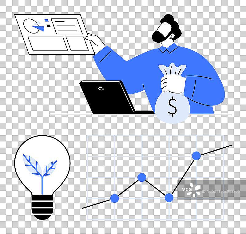 商人查看数据，手里拿着一个钱袋图片素材