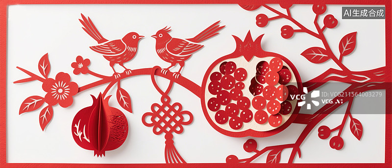 【AI数字艺术】非遗文化剪纸主题插画吉祥石榴与喜鹊配同心中国民间艺术祝福吉祥喜悦春节装饰窗花商业背景图片素材