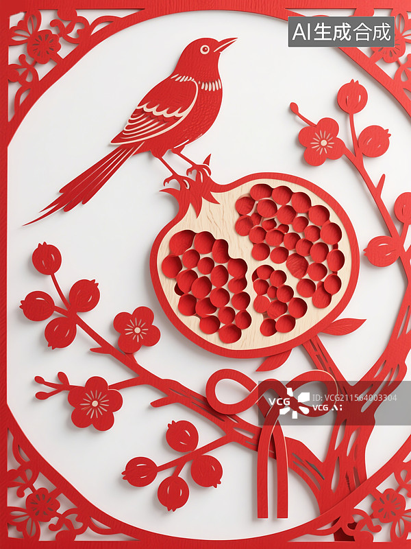 【AI数字艺术】非遗文化剪纸主题插画吉祥石榴与喜鹊配同心中国民间艺术祝福吉祥喜悦春节装饰窗花商业背景图片素材