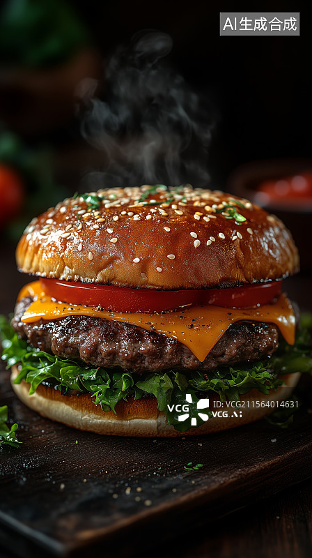 【AI数字艺术】多层芝士汉堡配生菜和番茄图片素材