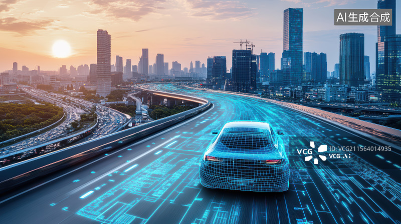 【AI数字艺术】城市公路上行驶的智能汽车，自动驾驶技术概念图片素材