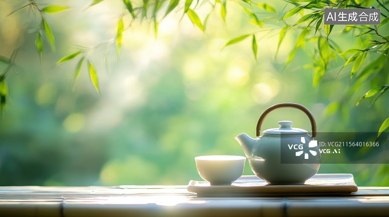 【AI数字艺术】绿色竹叶背景下的茶壶和茶杯图片素材