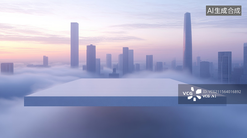 【AI数字艺术】日落时分云海环绕的城市风景与平台图片素材