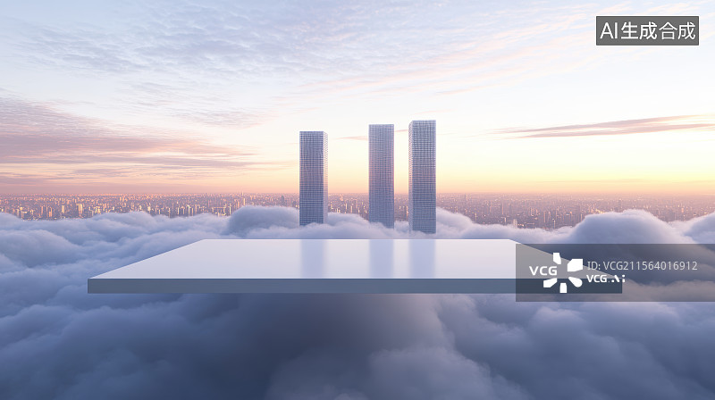 【AI数字艺术】日落时分云海环绕的城市风景与平台图片素材