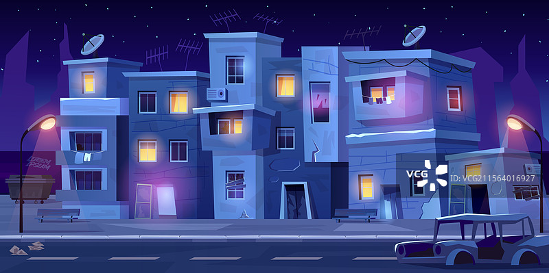 贫民区夜晚空荡荡的街道，城市贫困景象图片素材