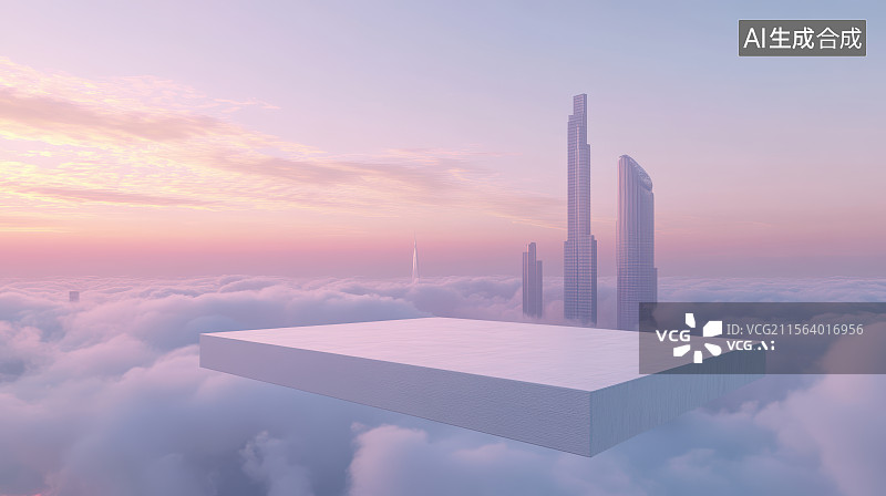 【AI数字艺术】日落时分云海环绕的城市风景与平台图片素材