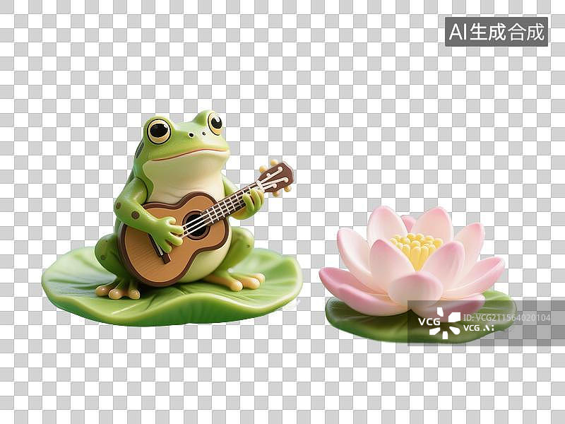 【AI数字艺术】3D渲染卡通动物，荷叶上的弹吉他的小青蛙，夏天，可爱的青蛙，免抠元素图片素材