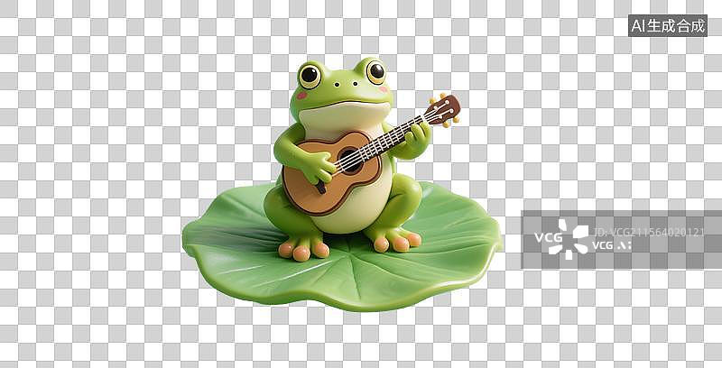 【AI数字艺术】3D渲染卡通动物，荷叶上的弹吉他的小青蛙，夏天，可爱的青蛙，免抠元素图片素材