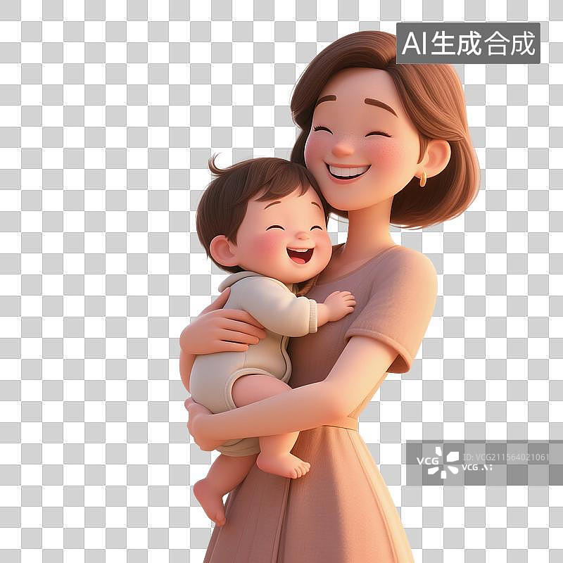 【AI数字艺术】3D渲染卡通人物，母亲抱着婴儿，脸上露出幸福的微笑，妈妈和孩子，母亲节，免抠元素图片素材