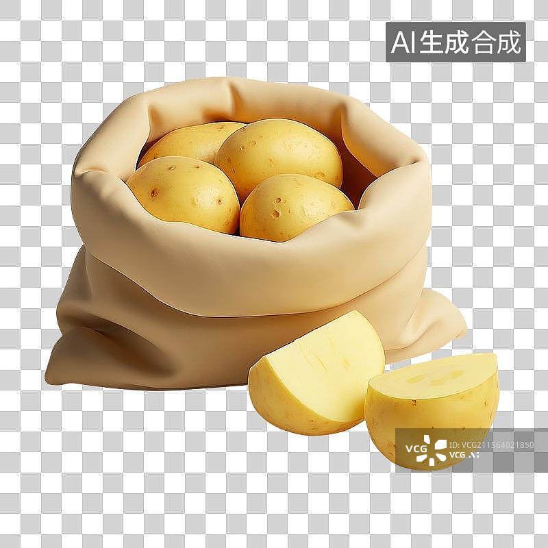 【AI数字艺术】3D渲染，一袋新鲜土豆，马铃薯，蔬菜，食材，丰收，免抠元素图片素材