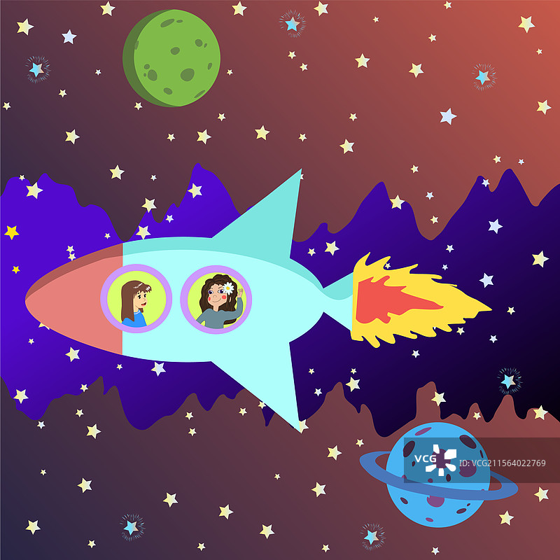 两个女孩在太空中乘坐火箭飞行图片素材