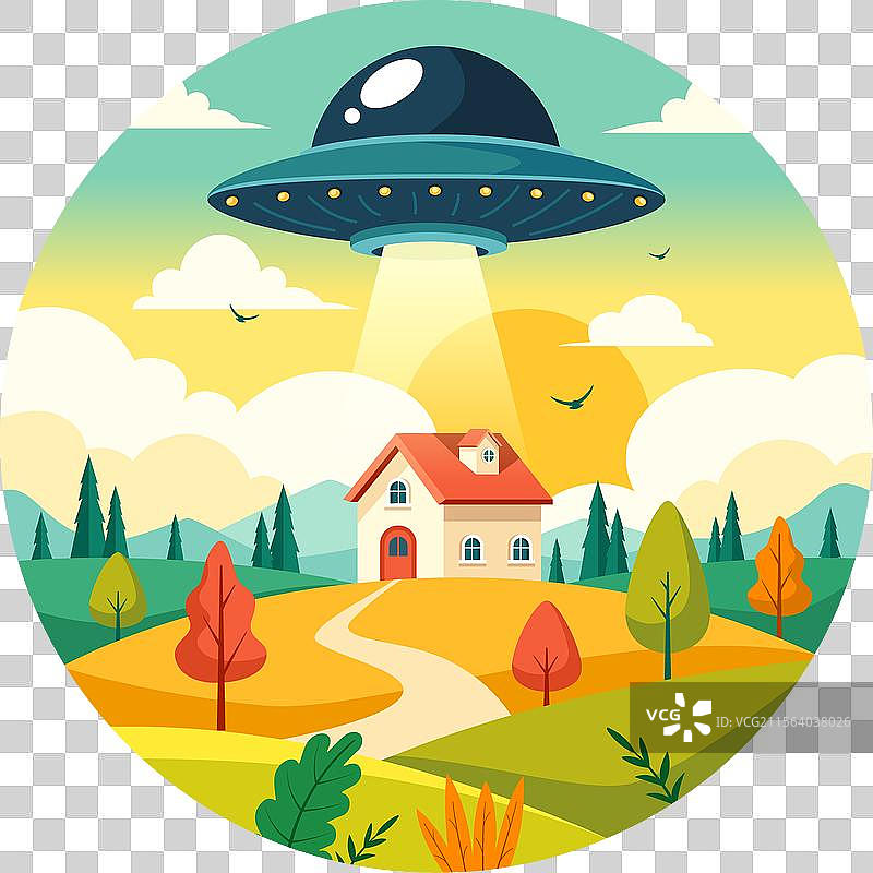 飞碟在天空中飞行，发出光芒的飞船图片素材