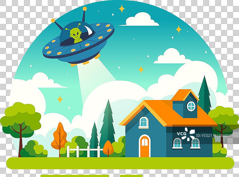 飞碟在天空中飞行，发出光芒的宇宙飞船图片素材