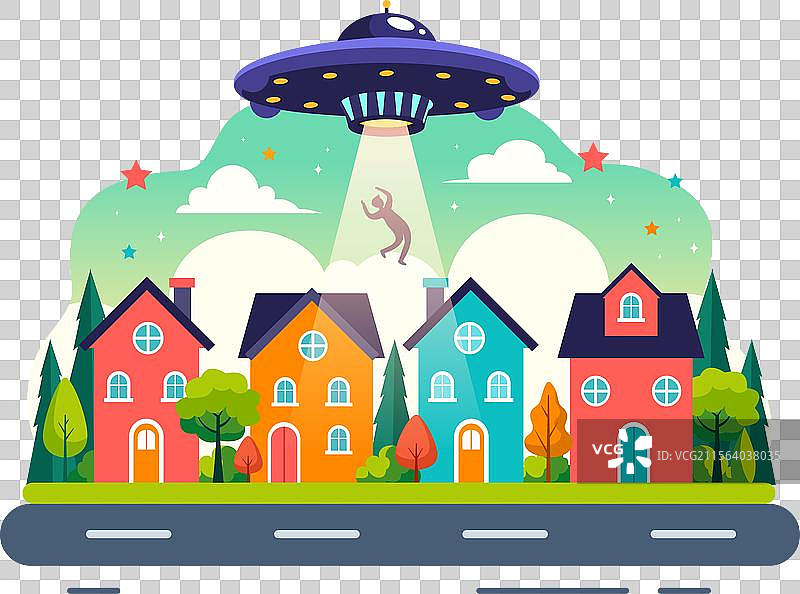 飞碟在天空中飞行，发出光芒的飞船图片素材