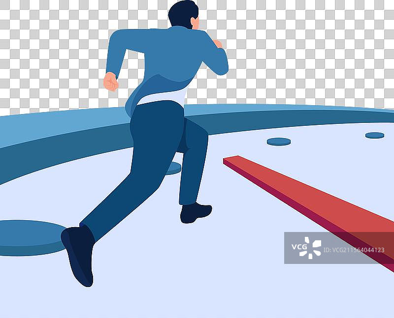 男人跳过时钟指针，象征着竞赛。图片素材