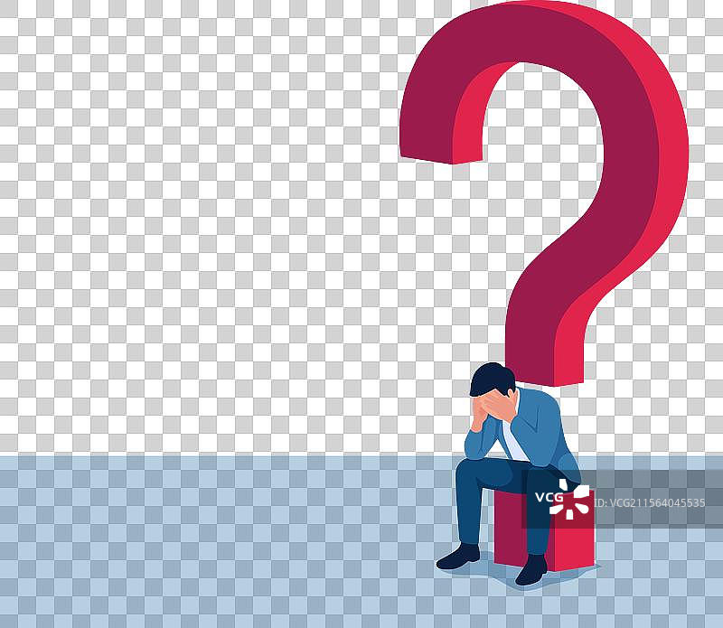 一个坐着的男人在问号下显得困惑图片素材