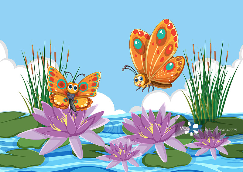 两只色彩斑斓的蝴蝶在紫色水面上空飞舞图片素材