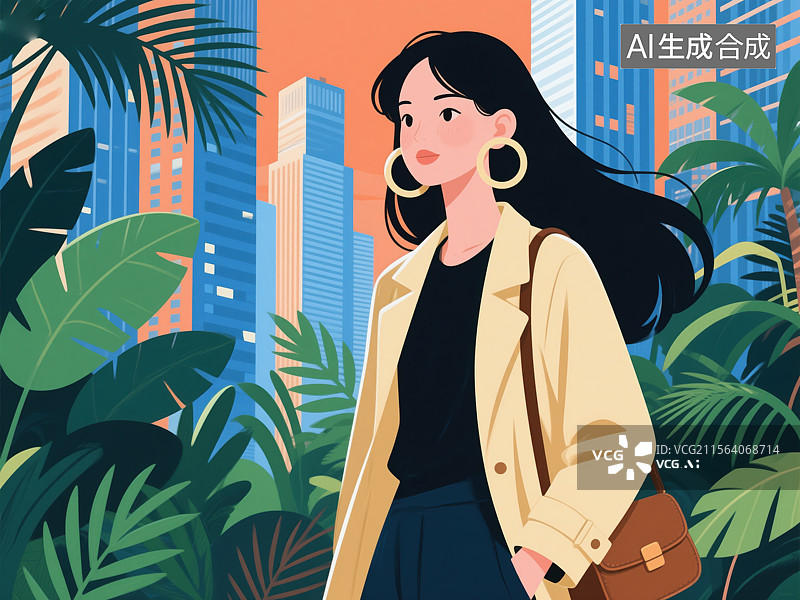 【AI数字艺术】都市时尚女性插画：摩登与自然的融合图片素材