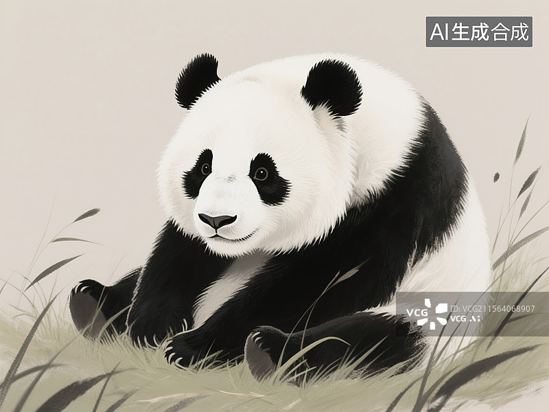 【AI数字艺术】草地上的可爱大熊猫插画图片素材