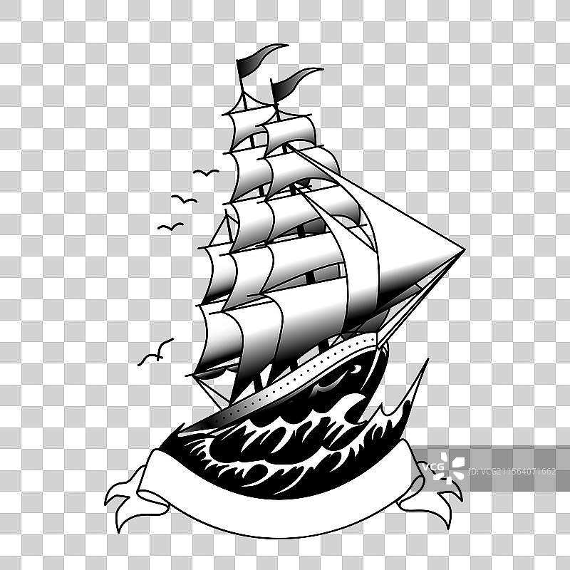 复古黑白海洋纹身风格图片素材