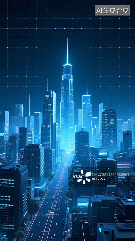 【AI数字艺术】蓝色智慧城市插画图片素材