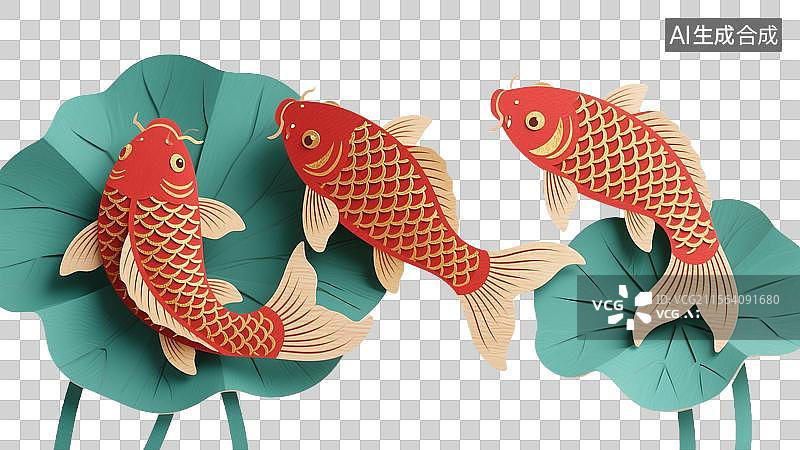 【AI数字艺术】非遗文化剪纸主题透明元素插画金鳞红锦鲤穿梭荷叶莲花间立夏节气图片素材