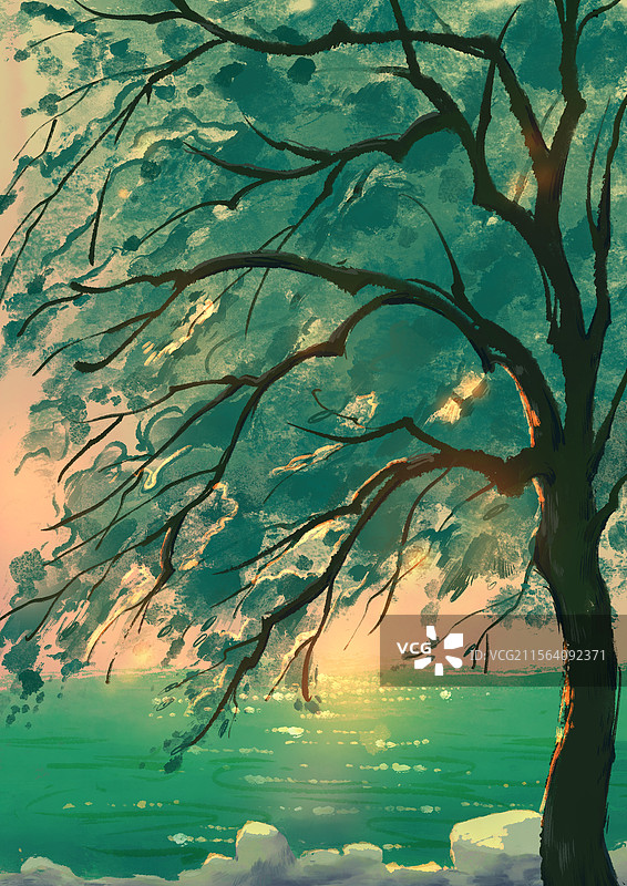 黄昏树下图片素材