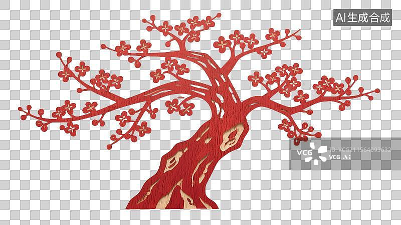 【AI数字艺术】非遗文化剪纸主题插画透明元素中秋节红桂花树古代神话花卉设计粗壮树干与芳香花簇极简主义商业背景图片素材