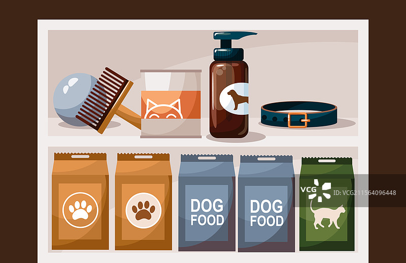 宠物店里整齐排列的货架，展示着图片素材