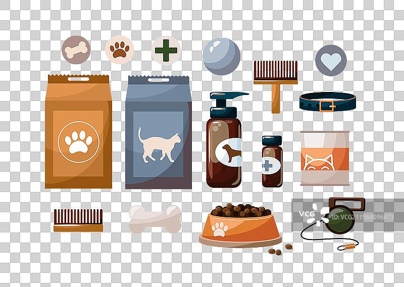 宠物护理概念，各种宠物配件和图片素材