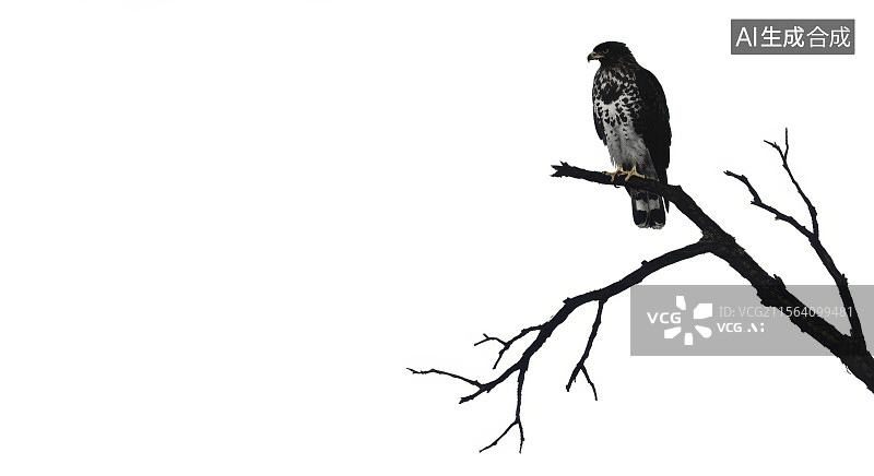 【AI数字艺术】水墨画居右鹰栖息在树枝上图片素材