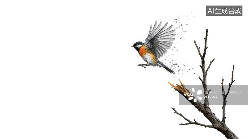 【AI数字艺术】水墨画居右小鸟从树枝上起飞图片素材
